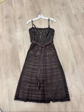 BCBGMaxAzria Brown Lace Midi Dress with Waist Sash